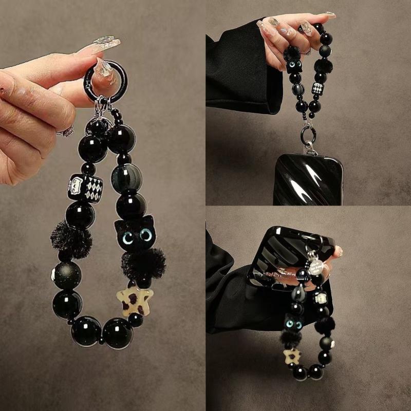 Phone Accessories Crochet - สายคล้องมือถือรูปแมวขนฟูสีดำสุดหรู พร้อมสายคล้องมือประดับลูกปัด คลิปหนีบกันขโมย อุปกรณ์เสริมสำหรับกระเป๋า