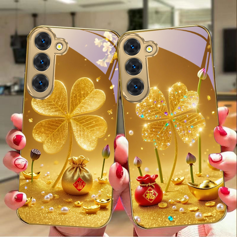 Samsung Galaxy S24 - เคสโทรศัพท์มือถือลายโคลเวอร์สีทองขนาดใหญ่ สำหรับ Samsung Galaxy S26 S20