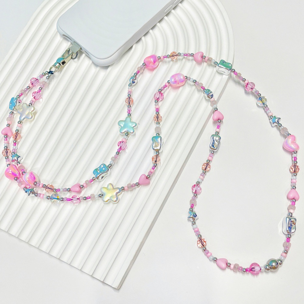 Phone Accessories Crochet - HERLOOK พาสเทล Y2K สายคล้องโทรศัพท์ประดับลูกปัดรูปหัวใจและดาว สายคล้องคอแบบไขว้ สายโซ่ตกแต่ง